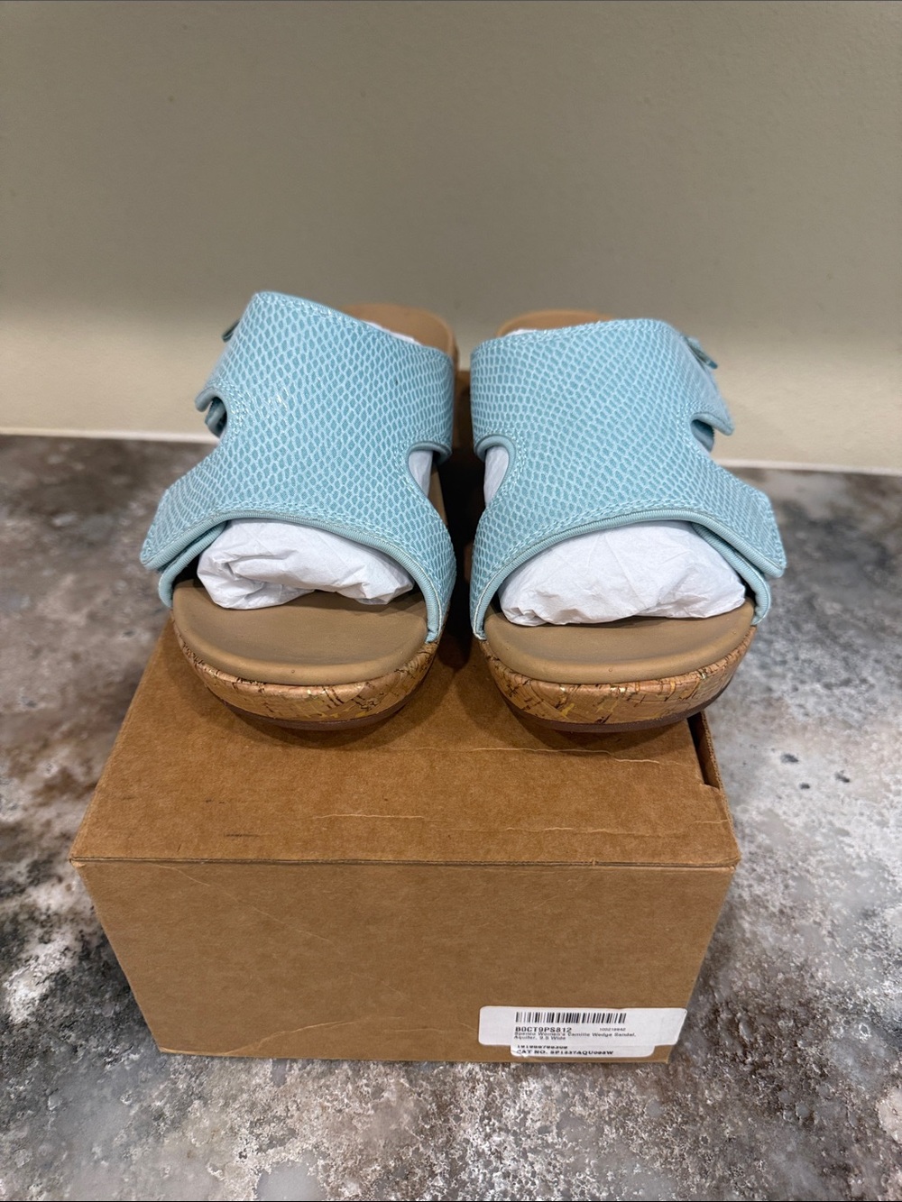 Womens Light Blue Slip-On Cork Sandals